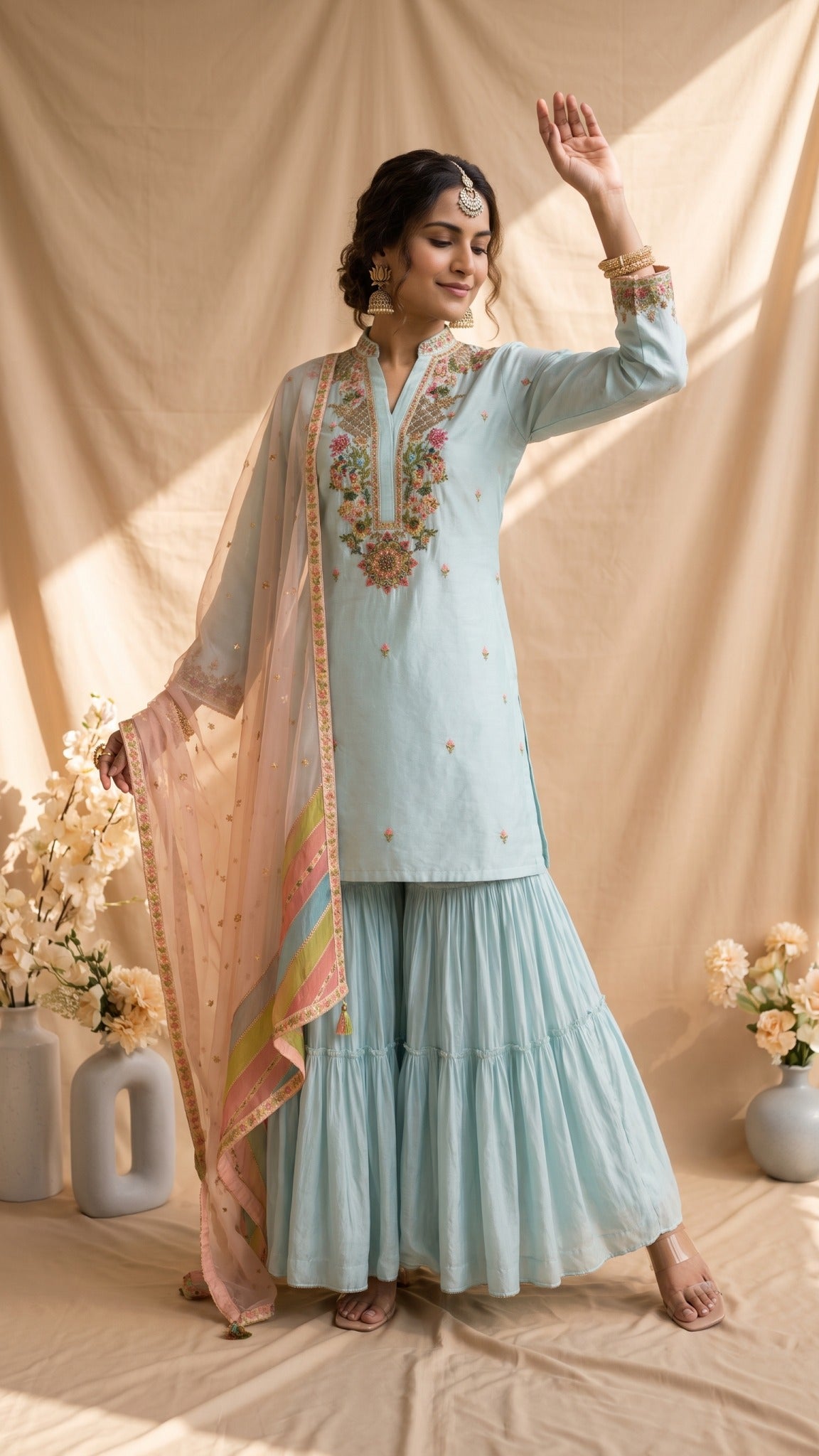  displayed on a girlagainst a draped beige fabric backdrop, with floral embroidery on the neckline, a matching flared skirt, and a sheer dupatta with pastel multicolor borders and gold trim. Decorative flower arrangements sit on both sides. blue kurta set 