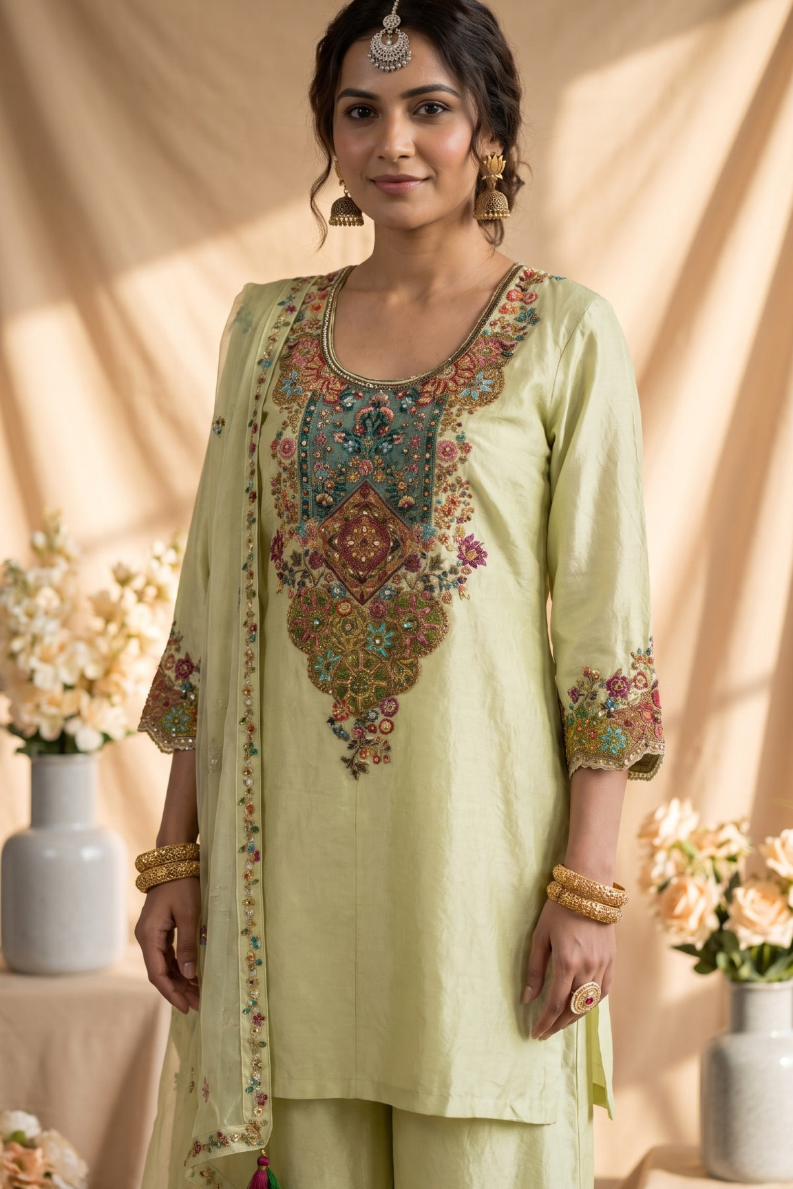 A light yellow-green unstitched salwar kameez suit set displayed on a mannequin, featuring a heavily embroidered kameez top with a multicolor floral neckline, matching wide-leg trousers, and a sheer printed dupatta draped over the arm, set against a warm beige background with decorative floral arrangements.