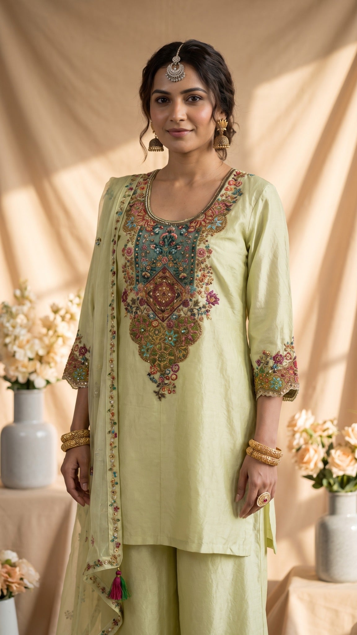 A light yellow-green unstitched salwar kameez suit set displayed on a mannequin, featuring a heavily embroidered kameez top with a multicolor floral neckline, matching wide-leg trousers, and a sheer printed dupatta draped over the arm, set against a warm beige background with decorative floral arrangements.