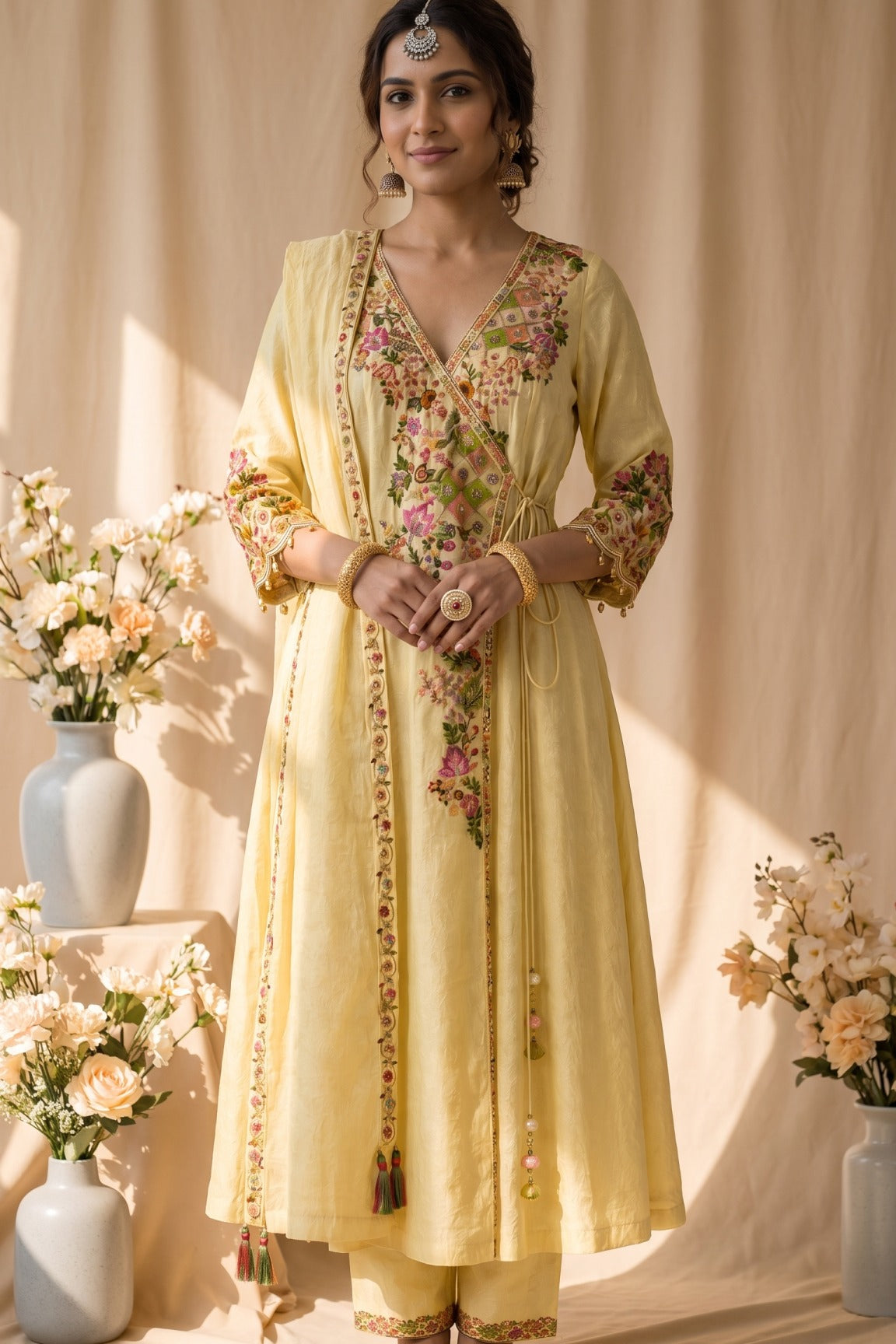 A light yellow traditional kurta set with colorful floral embroidery displayed on a mannequin. The set includes a long kurta with a V-neck, long sleeves, and a self-tie waist, paired with matching trousers.