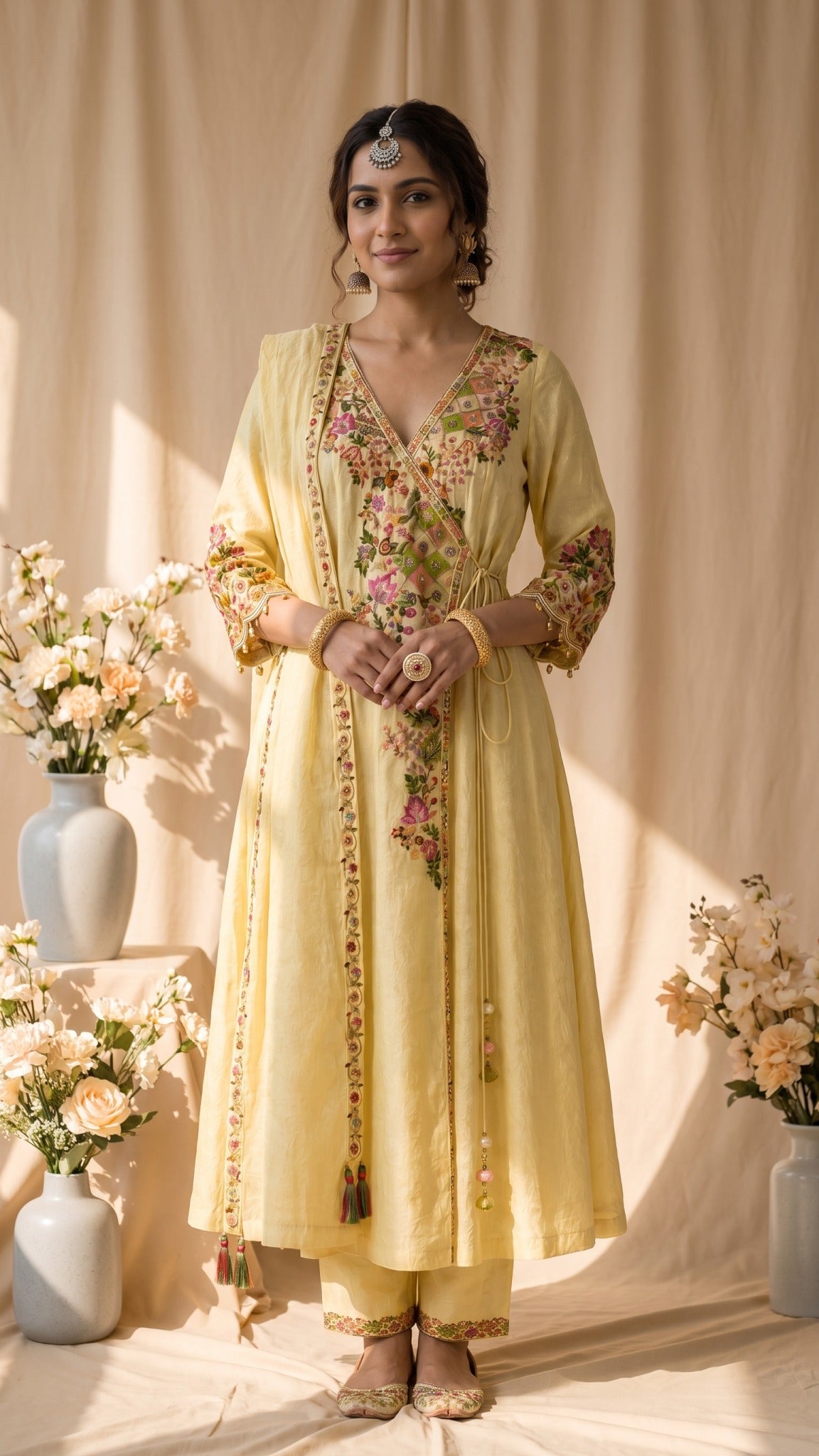 A light yellow traditional kurta set with colorful floral embroidery displayed on a mannequin. The set includes a long kurta with a V-neck, long sleeves, and a self-tie waist, paired with matching trousers.