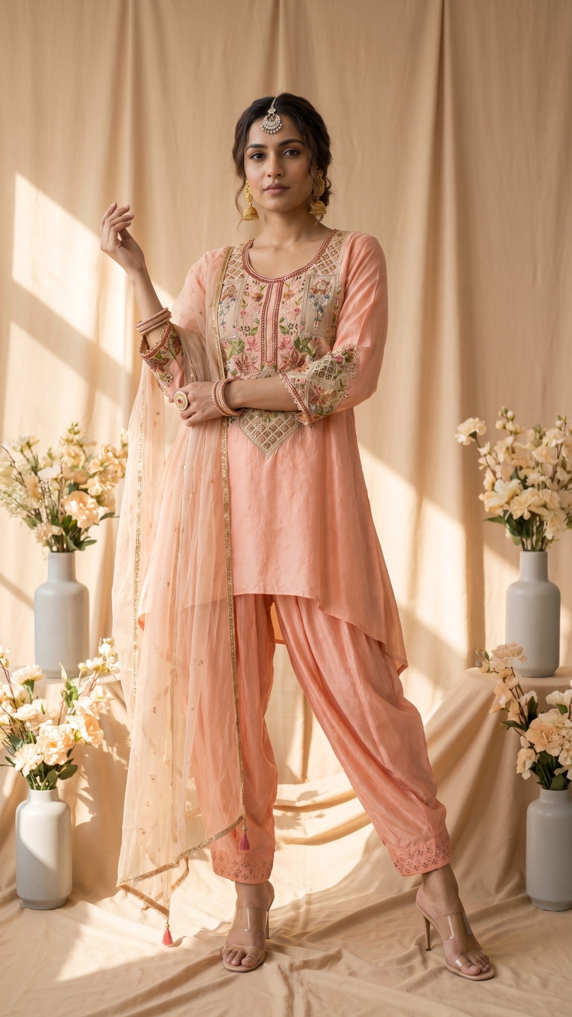 A peach-pink three-piece salwar kameez suit set displayed on a mannequin, featuring a kurta with intricate floral embroidery on the chest, matching draped pants, and a sheer dupatta, set against a warm beige backdrop with decorative floral arrangements.