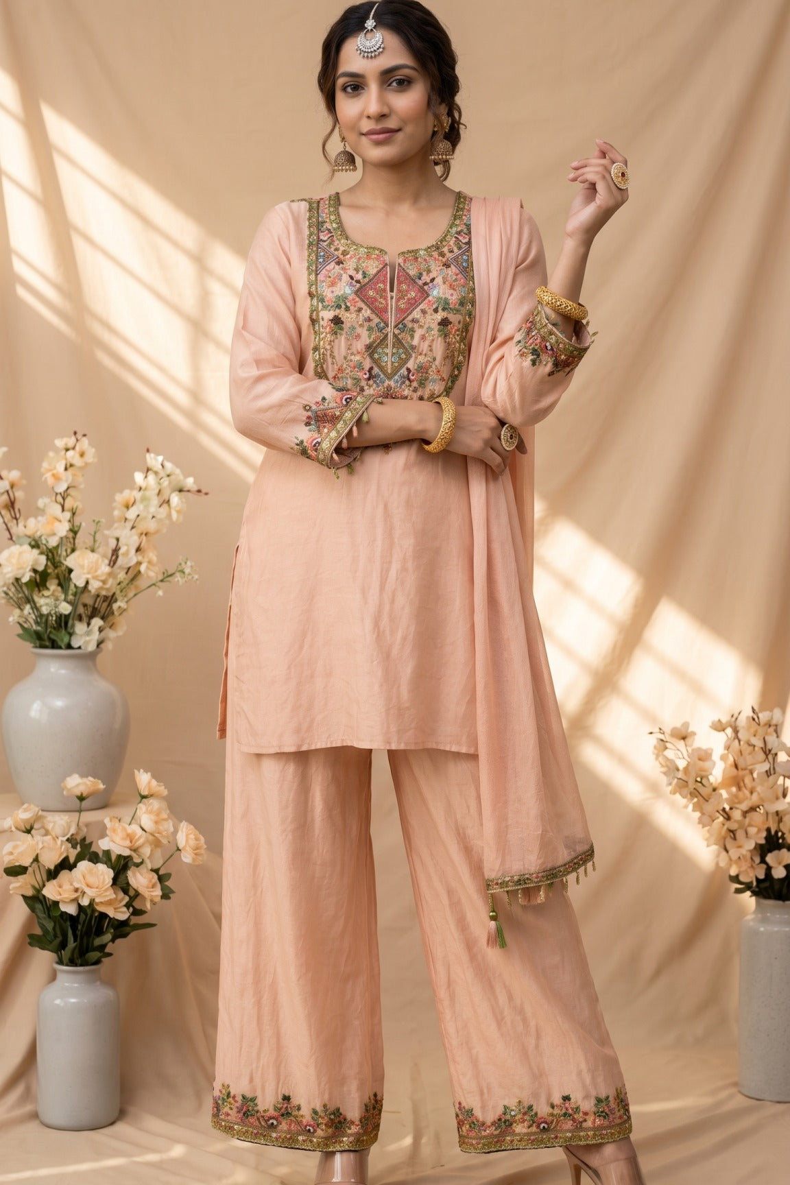  displayed on a mannequin, featuring a long-sleeve embroidered kurta, matching wide-leg pants, and a sheer matching dupatta. The kurta has intricate multicolor embroidery around the neckline and sleeve cuffs, and the pants have matching embroidery at the hem.