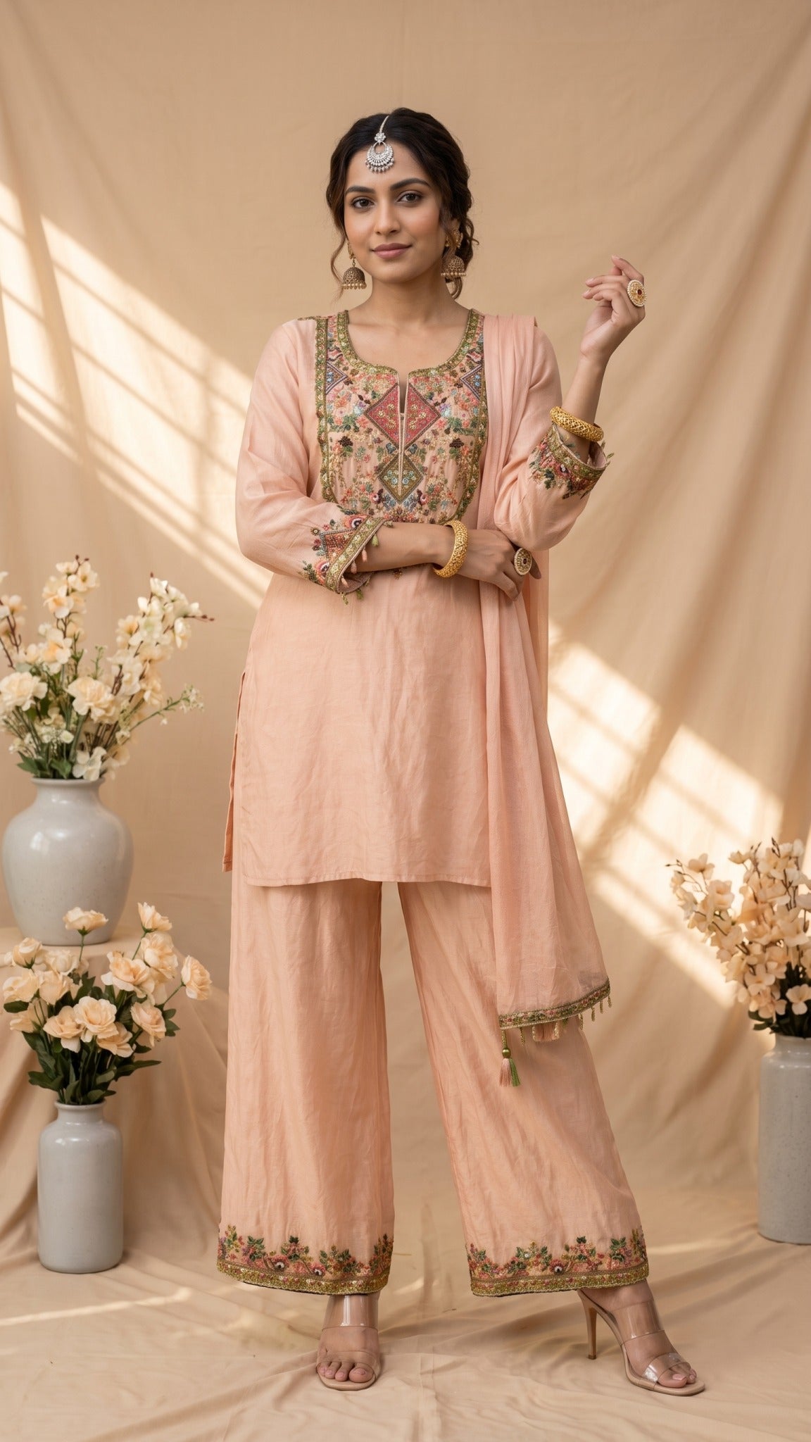  displayed on a mannequin, featuring a long-sleeve embroidered kurta, matching wide-leg pants, and a sheer matching dupatta. The kurta has intricate multicolor embroidery around the neckline and sleeve cuffs, and the pants have matching embroidery at the hem.