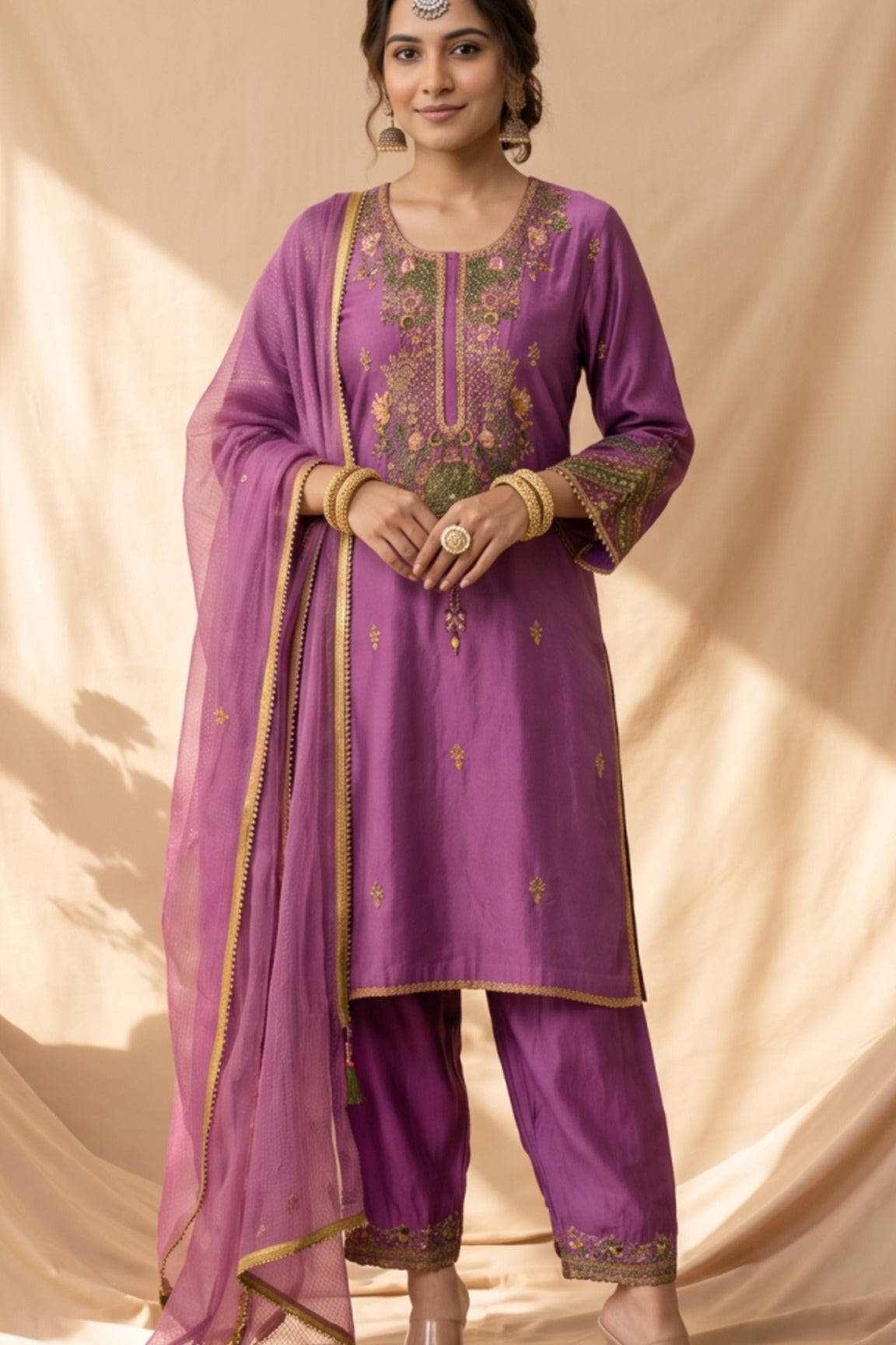 A purple three-piece salwar kameez suit set with a matching sheer dupatta, displayed on a mannequin. The kurta features intricate gold, green, and pink floral embroidery on the chest and sleeves, with gold zari borders.