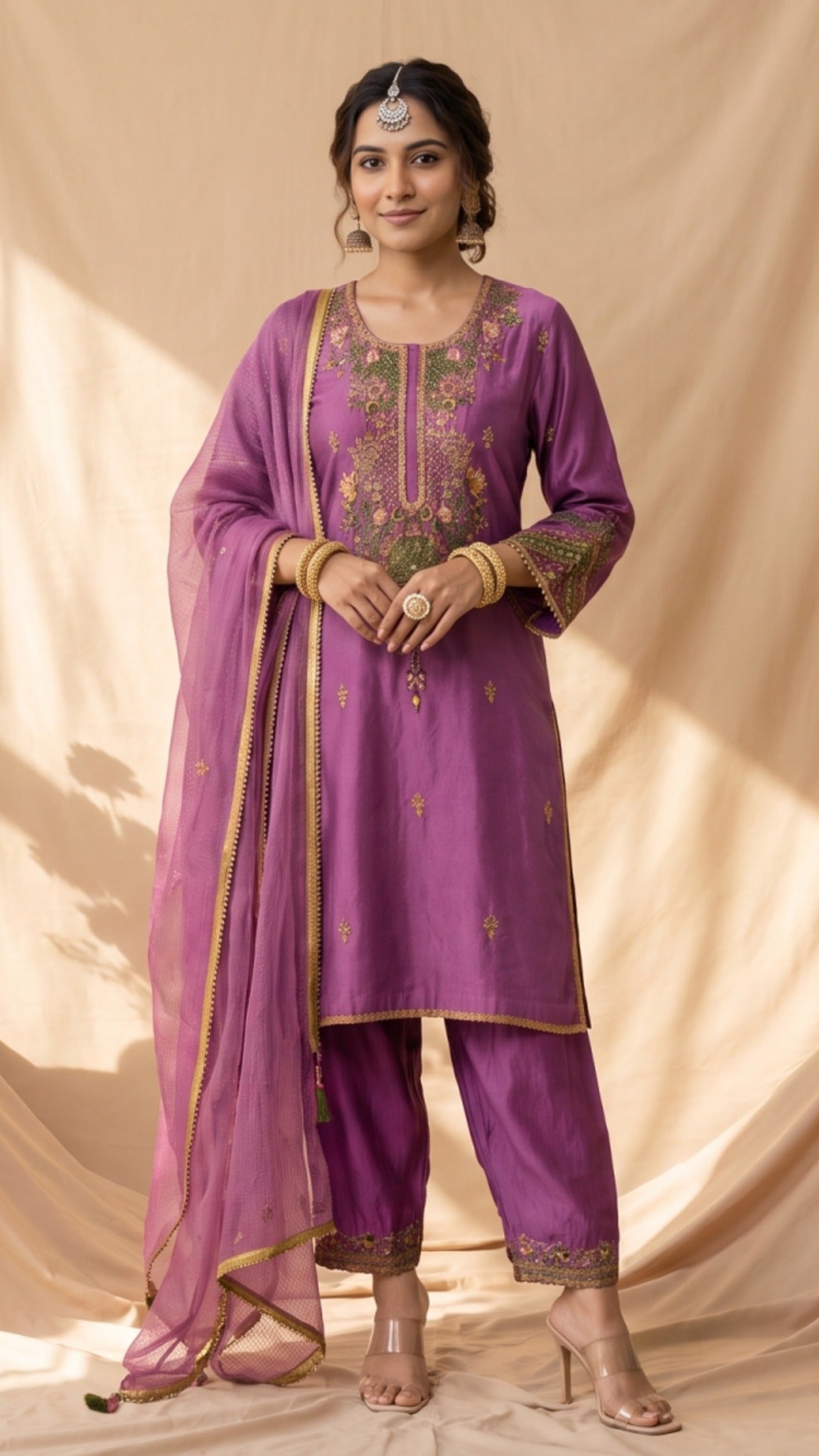 A purple three-piece salwar kameez suit set with a matching sheer dupatta, displayed on a mannequin. The kurta features intricate gold, green, and pink floral embroidery on the chest and sleeves, with gold zari borders.