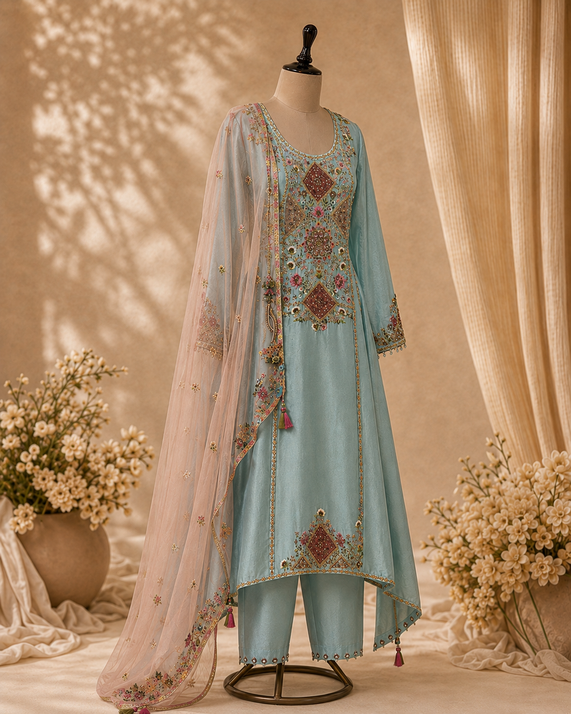 A light blue traditional outfit displayed on a mannequin, featuring ornate multicolor embroidery, matching pants, and a sheer peach dupatta with gold and floral detailing, set against a warm beige backdrop with draped fabric and flower arrangements.