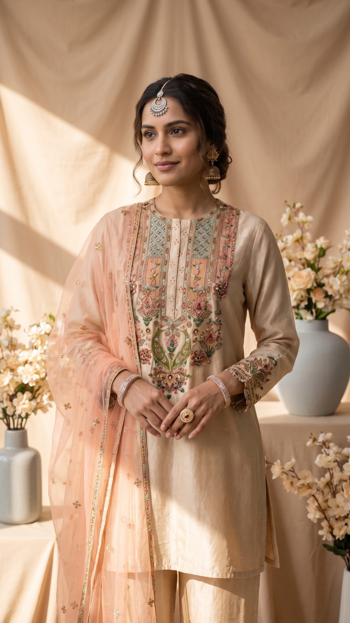 A beige three-piece traditional outfit displayed on a mannequin, featuring a long kurta with colorful floral embroidery around the neckline and cuffs, matching trousers, and a sheer light pink dupatta draped over one shoulder.