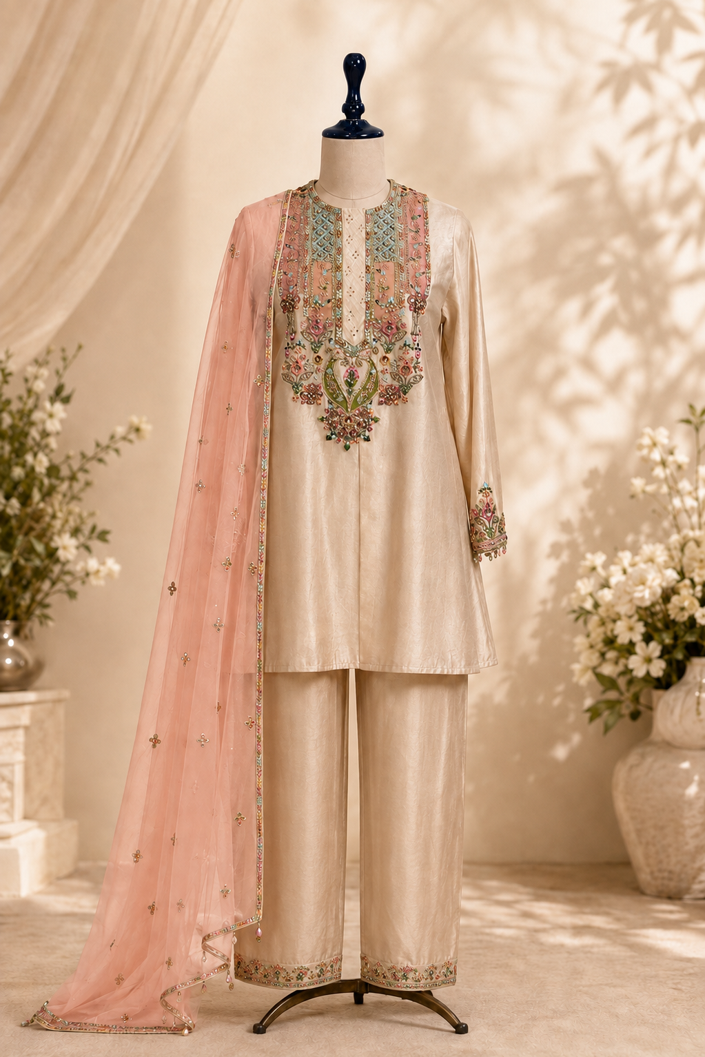 A beige three-piece traditional outfit displayed on a mannequin, featuring a long kurta with colorful floral embroidery around the neckline and cuffs, matching trousers, and a sheer light pink dupatta draped over one shoulder.