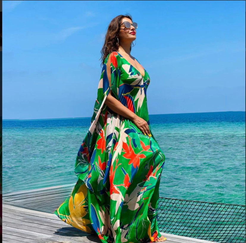 Tropical green printed luxury resort kaftan dress by Mandira Wirk