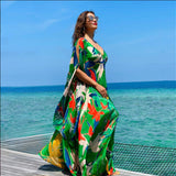 Tropical green printed luxury resort kaftan dress by Mandira Wirk