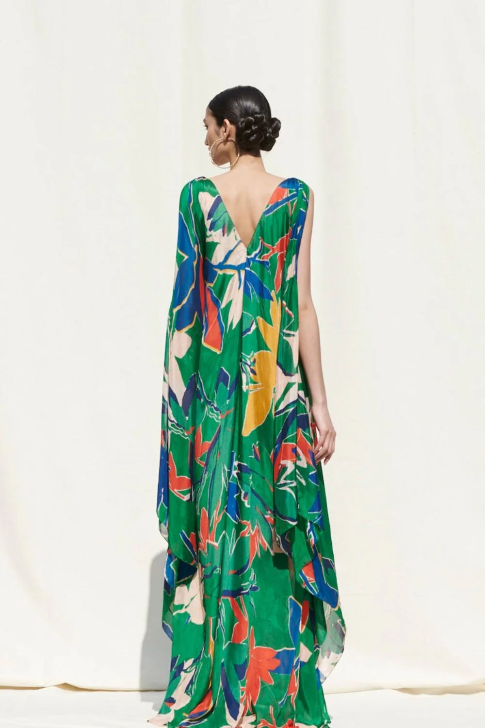 Floor-length green floral kaftan dress for beach holidays and resort wear