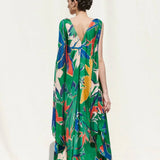 Floor-length green floral kaftan dress for beach holidays and resort wear