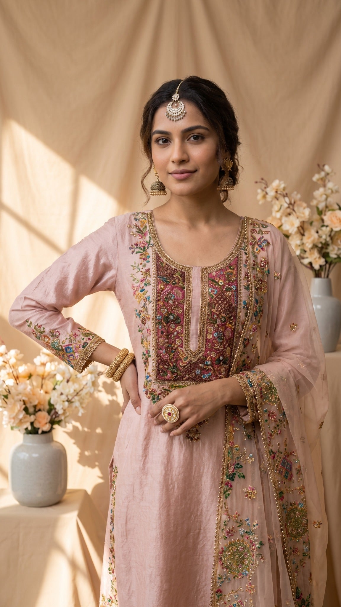 This blush pink kurta set celebrates the beauty of traditional resham embroidery in a fresh, contemporary form. Multicoloured floral motifs are intricately embroidered along the neckline and front, creating a striking focal point