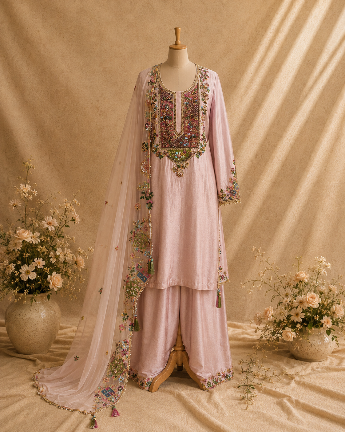 A light pink traditional South Asian salwar kameez suit displayed on a wooden dress form mannequin, featuring a heavily embroidered floral kameez top, matching trousers, and a sheer embroidered dupatta, set against a draped beige fabric backdrop with decorative flower arrangements.