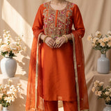 k kurta set celebrates the beauty of traditional resham embroidery in a fresh, contemporary form. Multicoloured floral motifs are intricately embroidered along the neckline and front, 