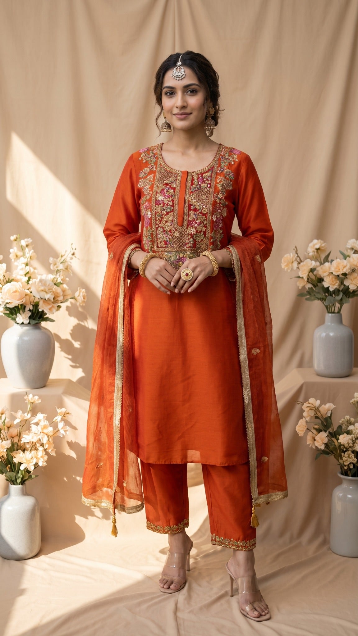 k kurta set celebrates the beauty of traditional resham embroidery in a fresh, contemporary form. Multicoloured floral motifs are intricately embroidered along the neckline and front, 