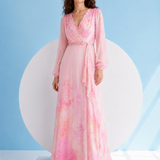 Pink Printed Cascade Dress with Embroidery