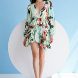 Blue Printed Ruffle Mini Dress with Voluminous Sleeves