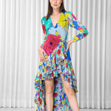 Hibiscus placement ruffled wrap dress