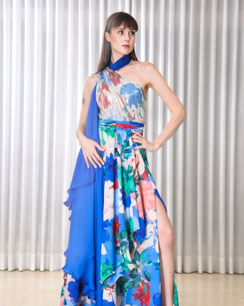 Hibiscus Halter drape maxi dress
