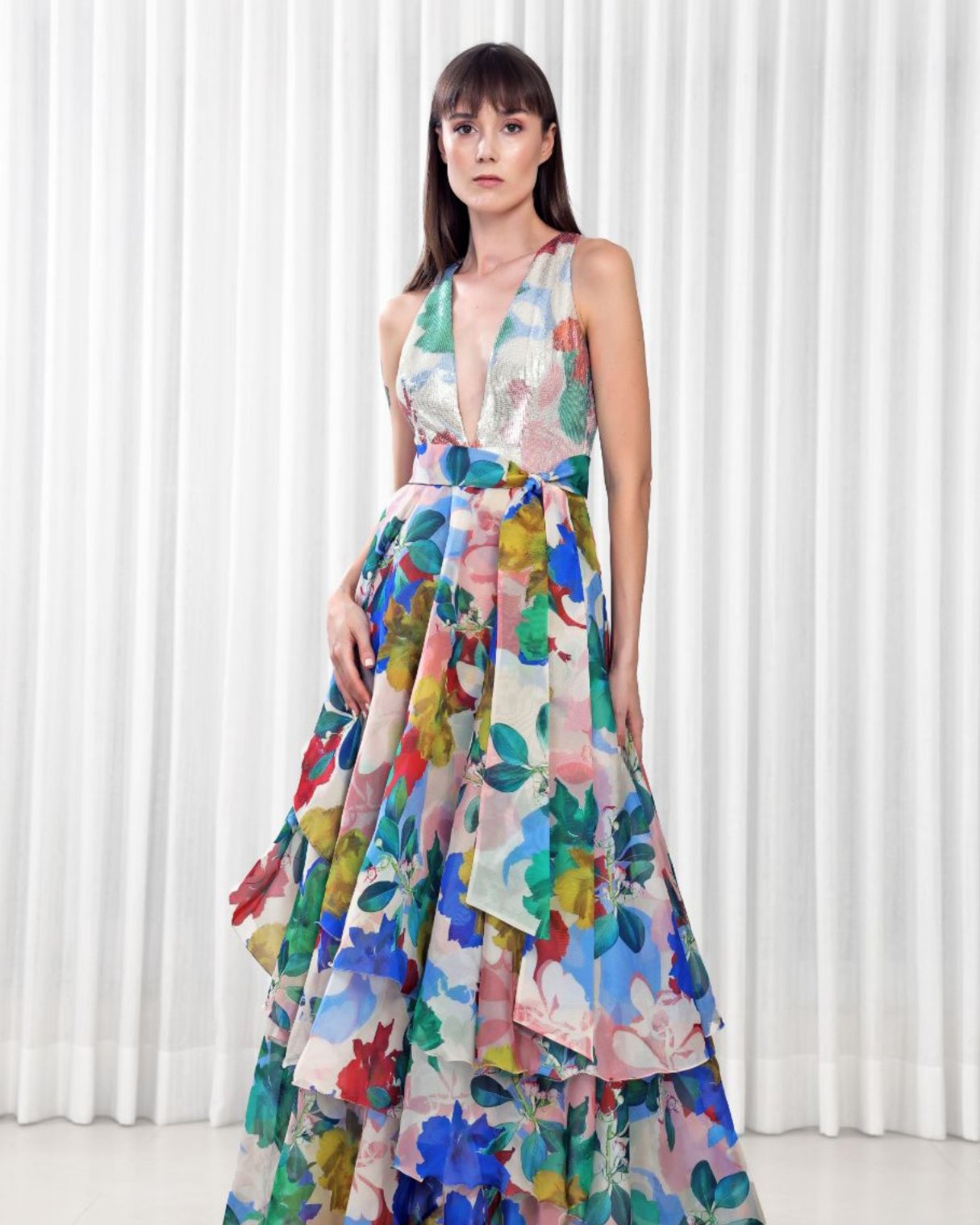 Hibiscus Printed Layered Gown Dress