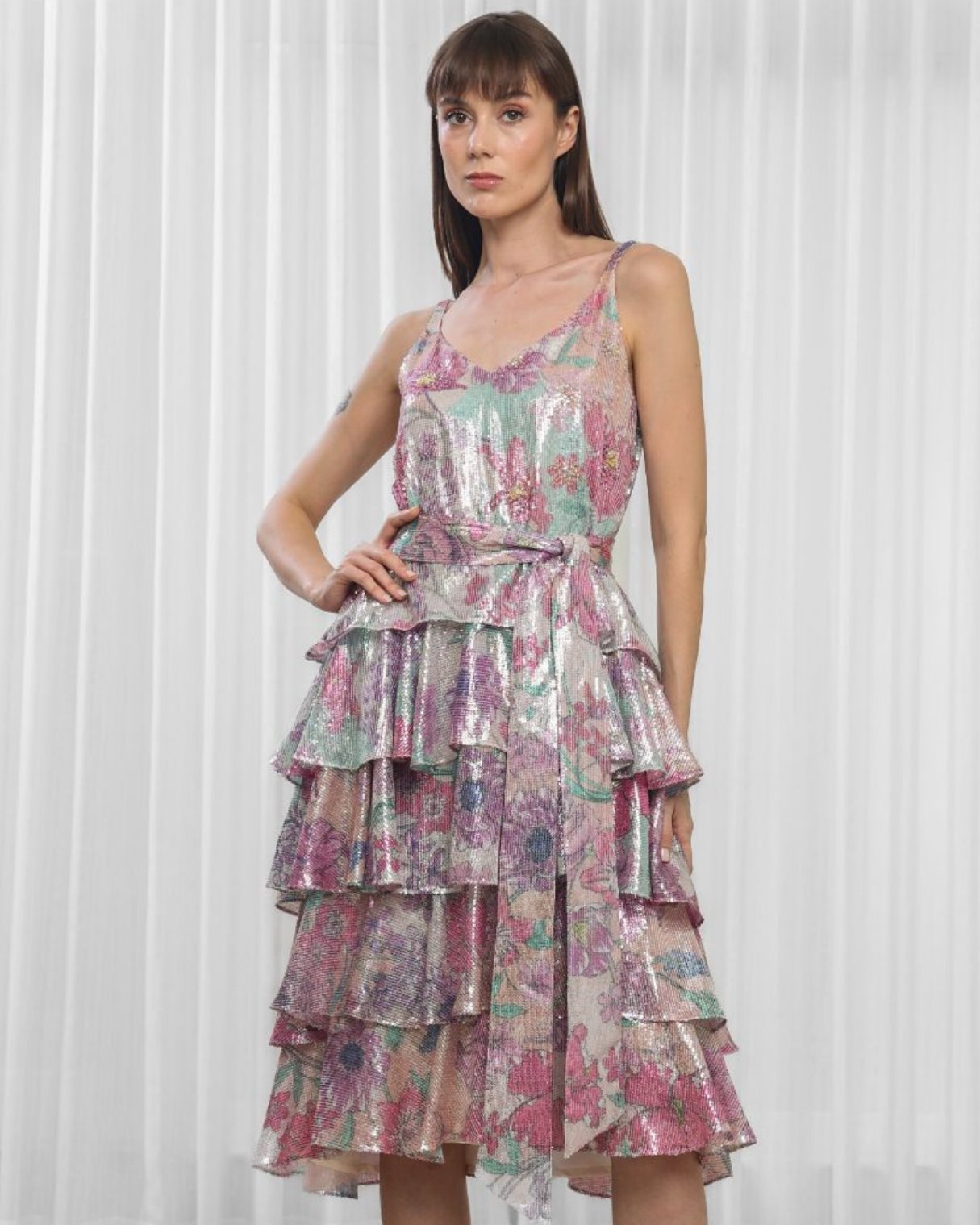 Hibiscus Printed Sequins Layered Dress