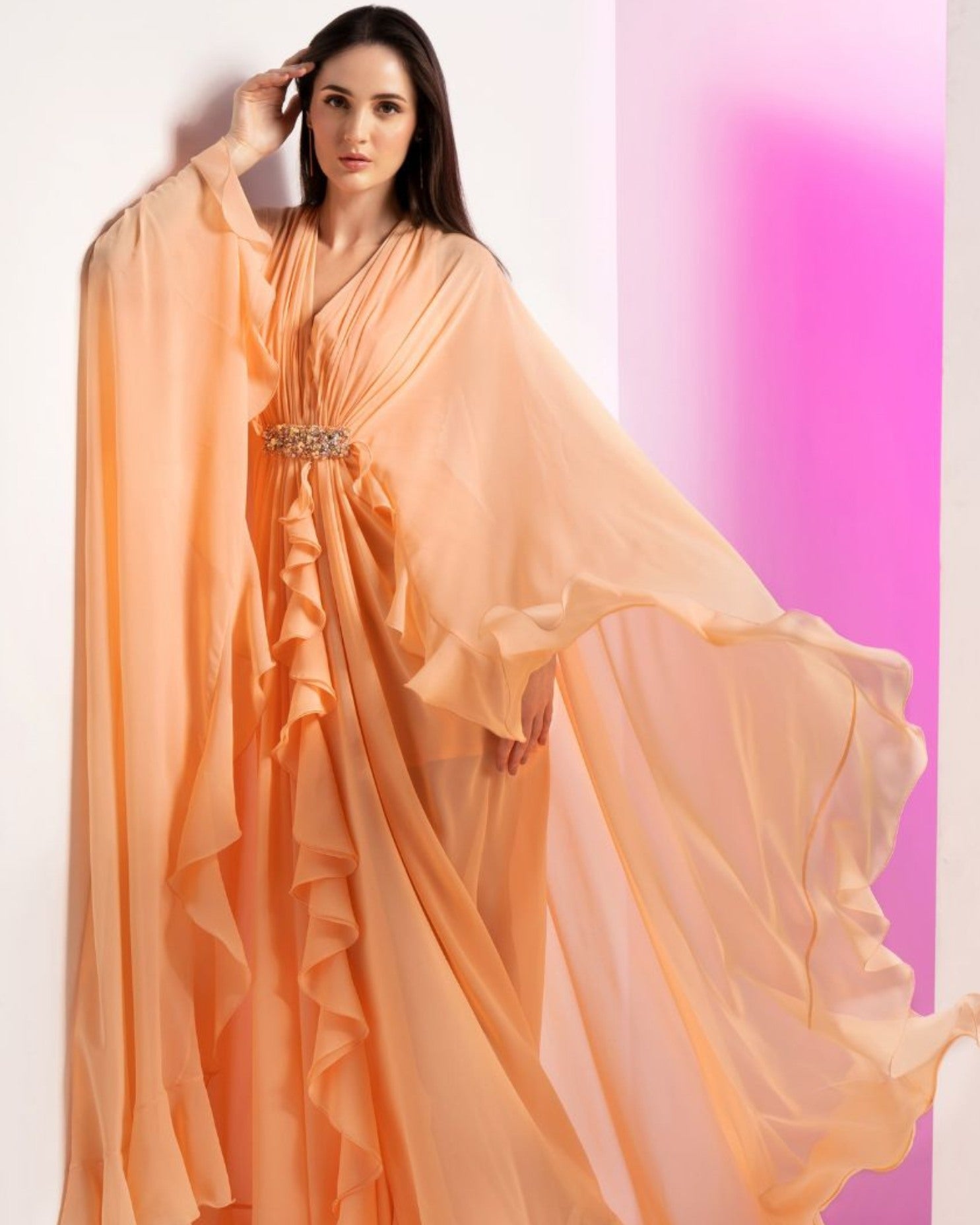 Salmon Pink Pleated Frilled Cape Gown