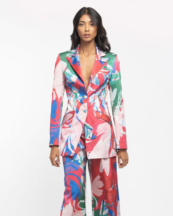 Satin Printed Jacket And Pant Set