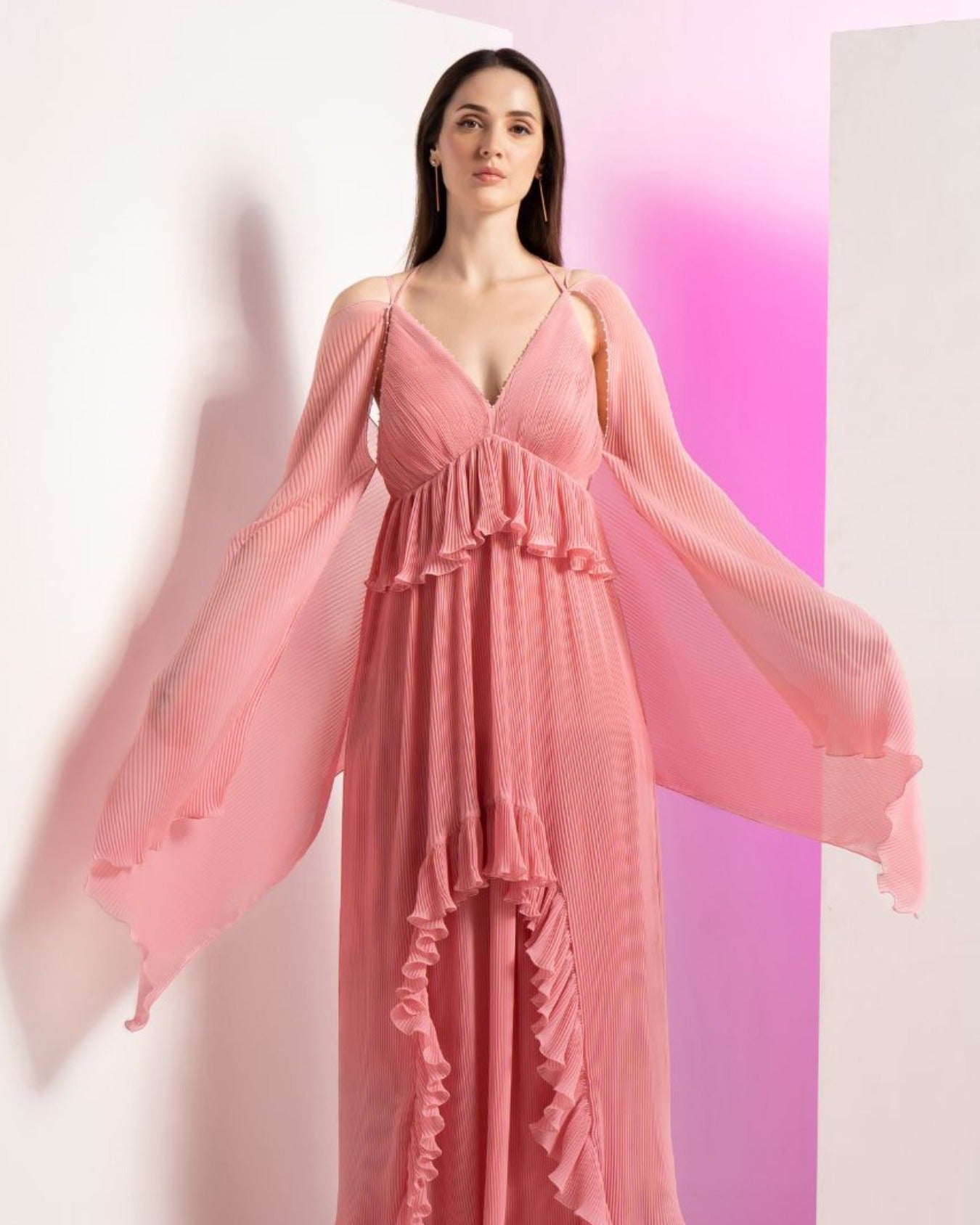 Peach Pleated Maxi Dress with Pearl