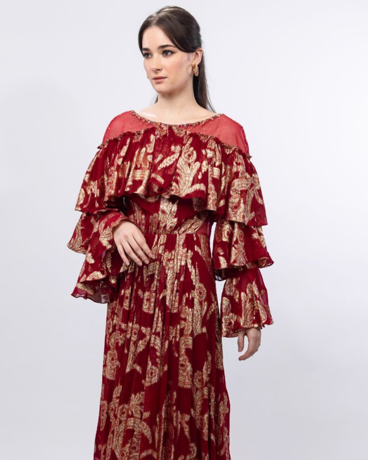 Radiant Red Brasso Ruffled Shoulder Maxi dress