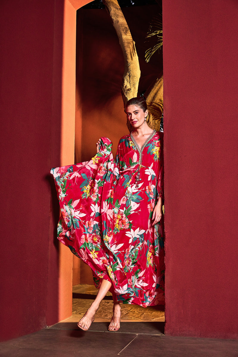 Red Blossom Asymmetrical Kaftan