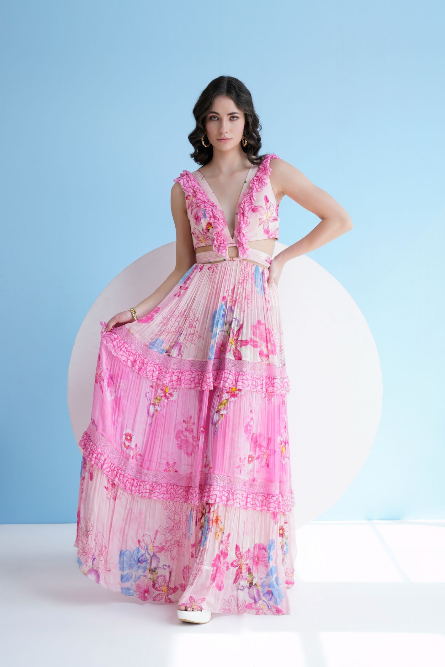 Pink Pastoral Printed Dress In Chiffon With Frilled Plunging Neckline, Waist Cutout