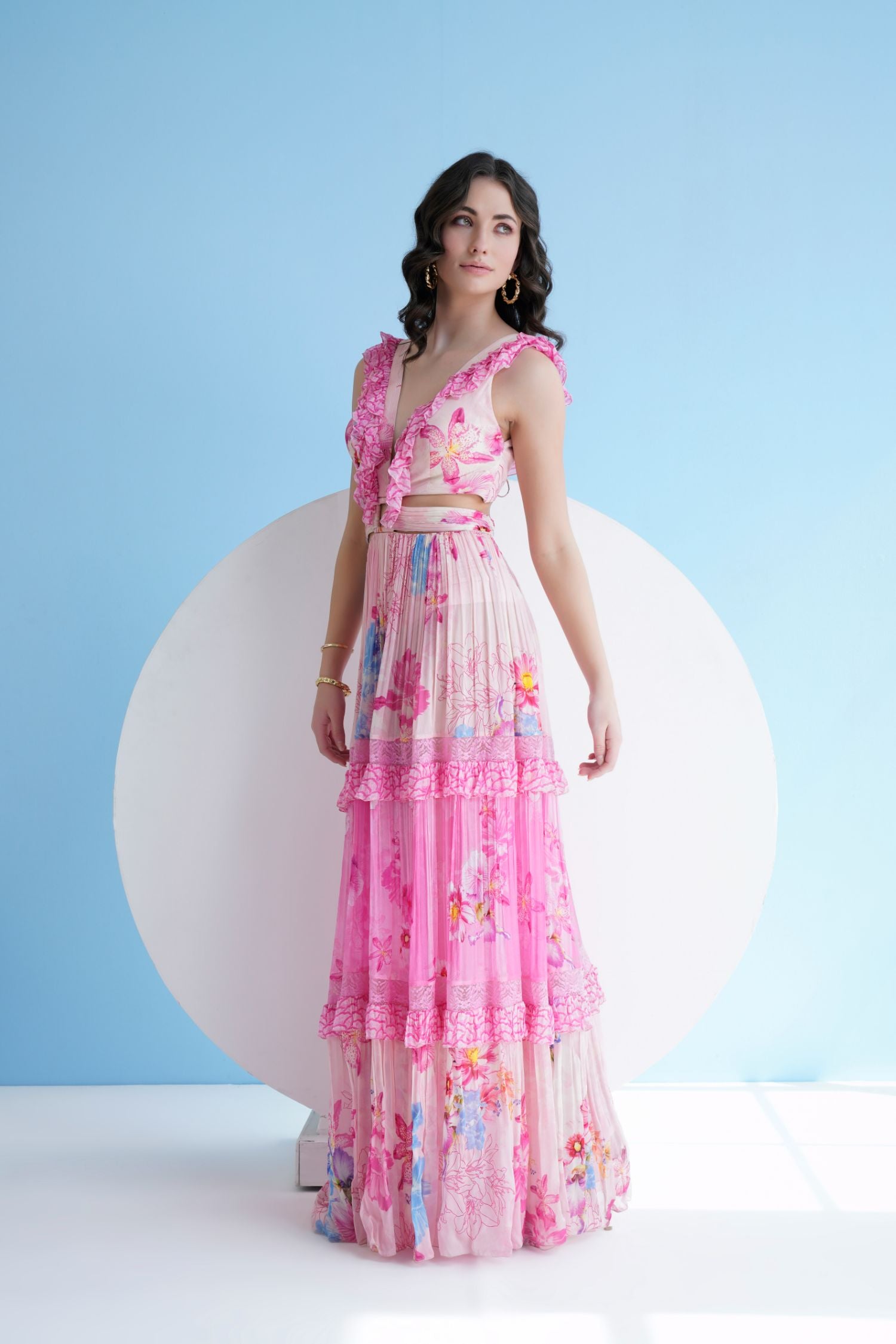Pink Pastoral Printed Dress In Chiffon With Frilled Plunging Neckline, Waist Cutout
