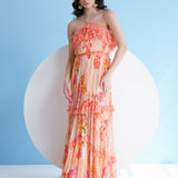 Orange Pastoral Mist Pleated Maxi Dress
