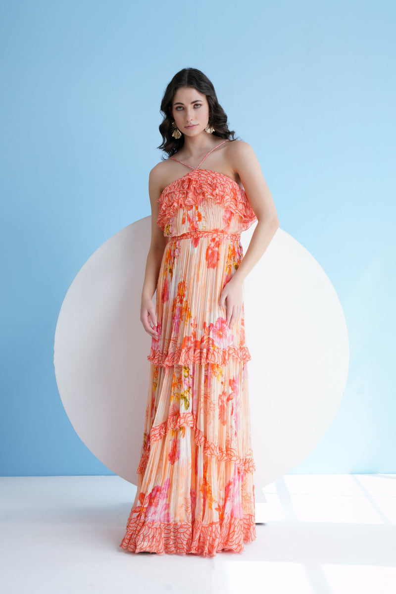 Orange Pastoral Mist Pleated Maxi Dress