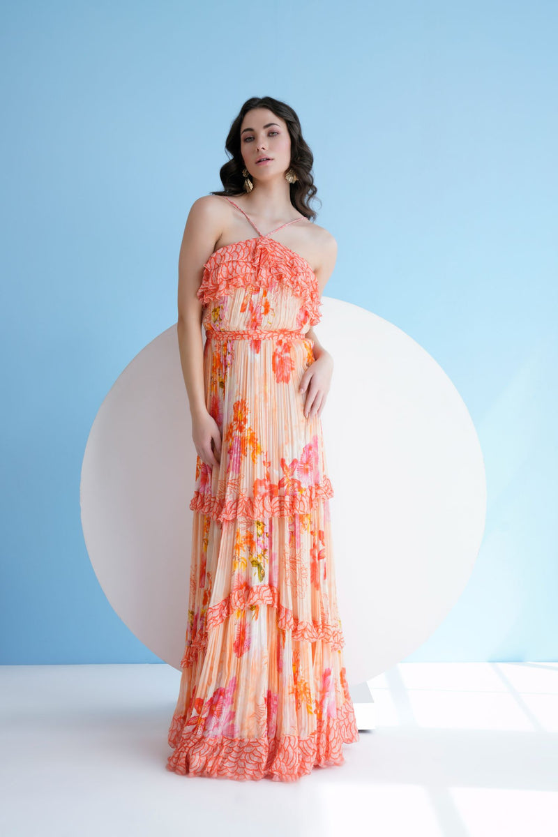 Orange Pastoral Mist Pleated Maxi Dress