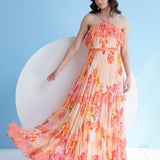 Orange Pastoral Mist Pleated Maxi Dress