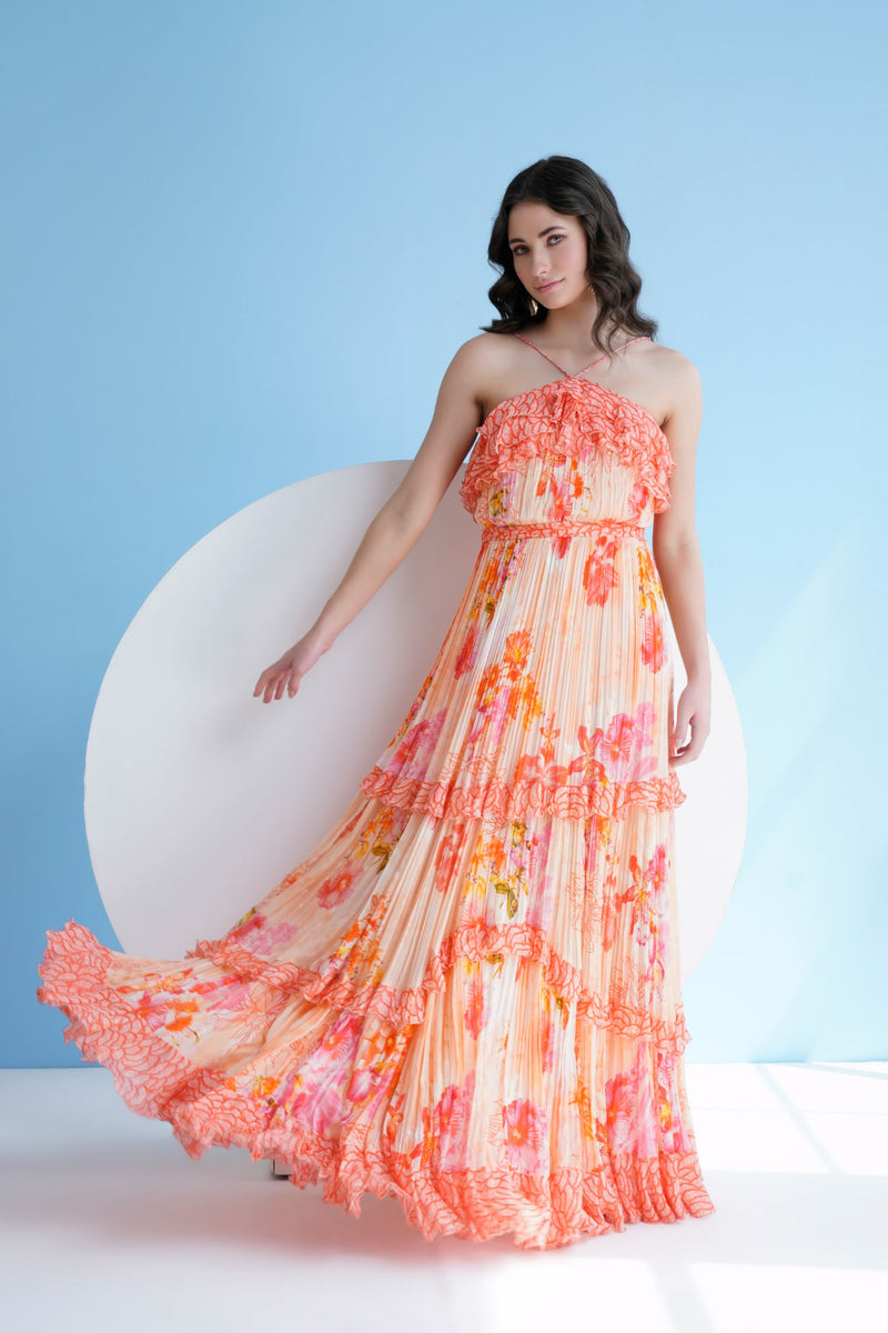 Orange Pastoral Mist Pleated Maxi Dress