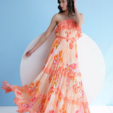 Orange Pastoral Mist Pleated Maxi Dress
