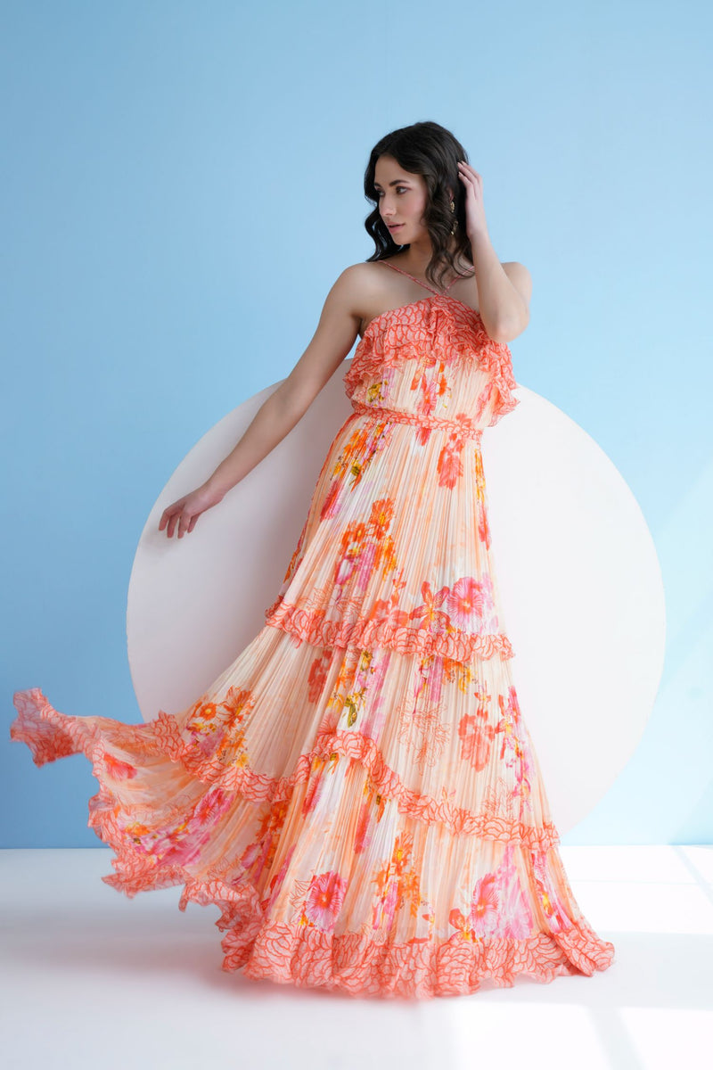 Orange Pastoral Mist Pleated Maxi Dress