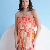 Orange Pastoral Mist Pleated Maxi Dress