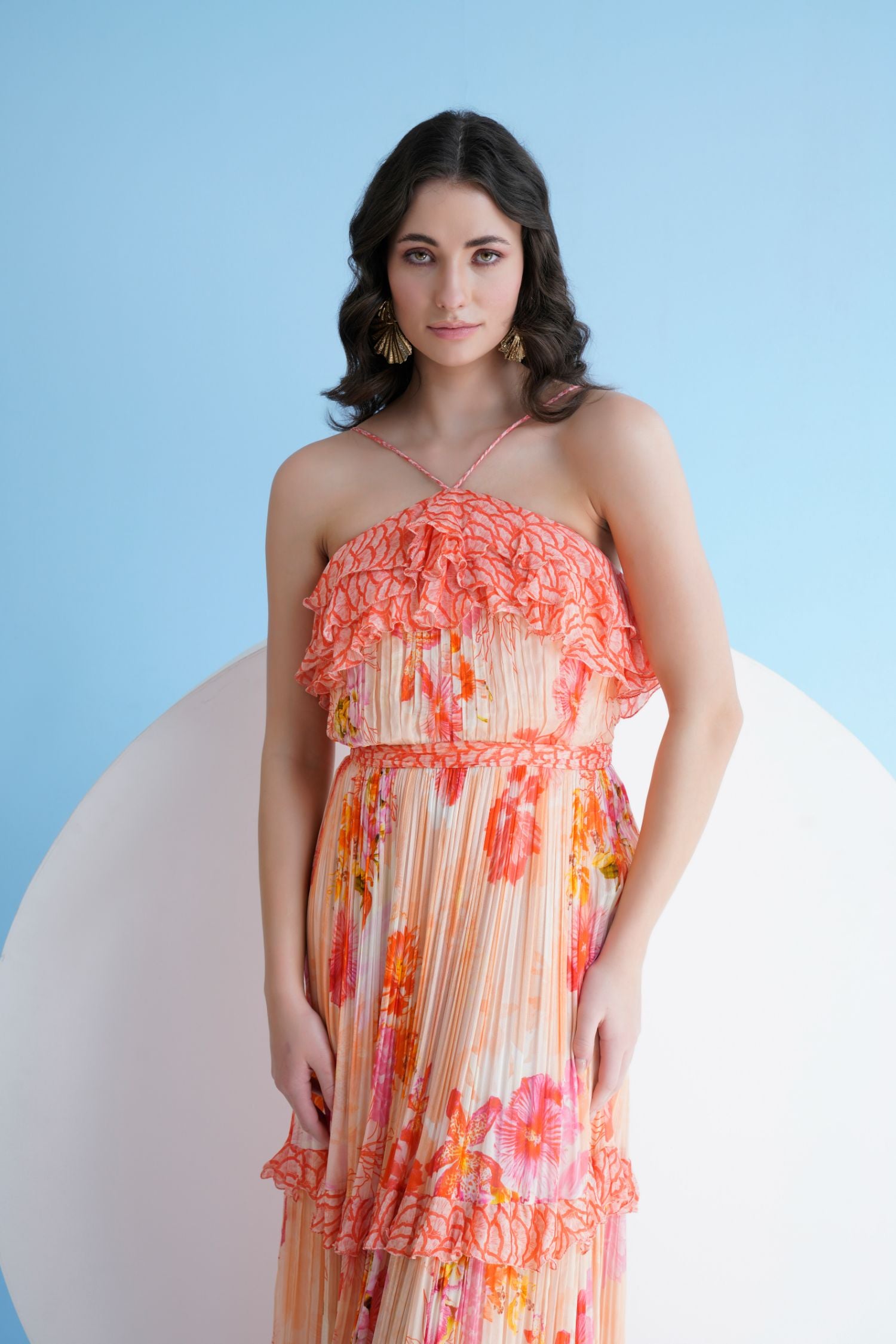 Orange Pastoral Mist Pleated Maxi Dress