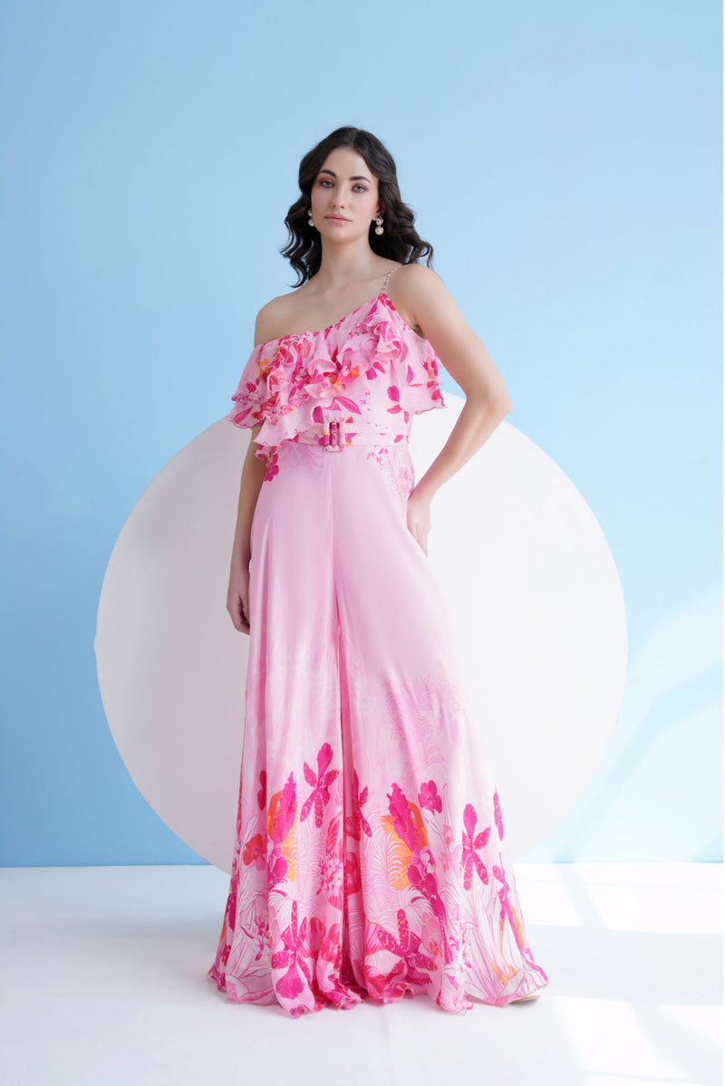 Fuchsia orchid one shoulder jumpsuit