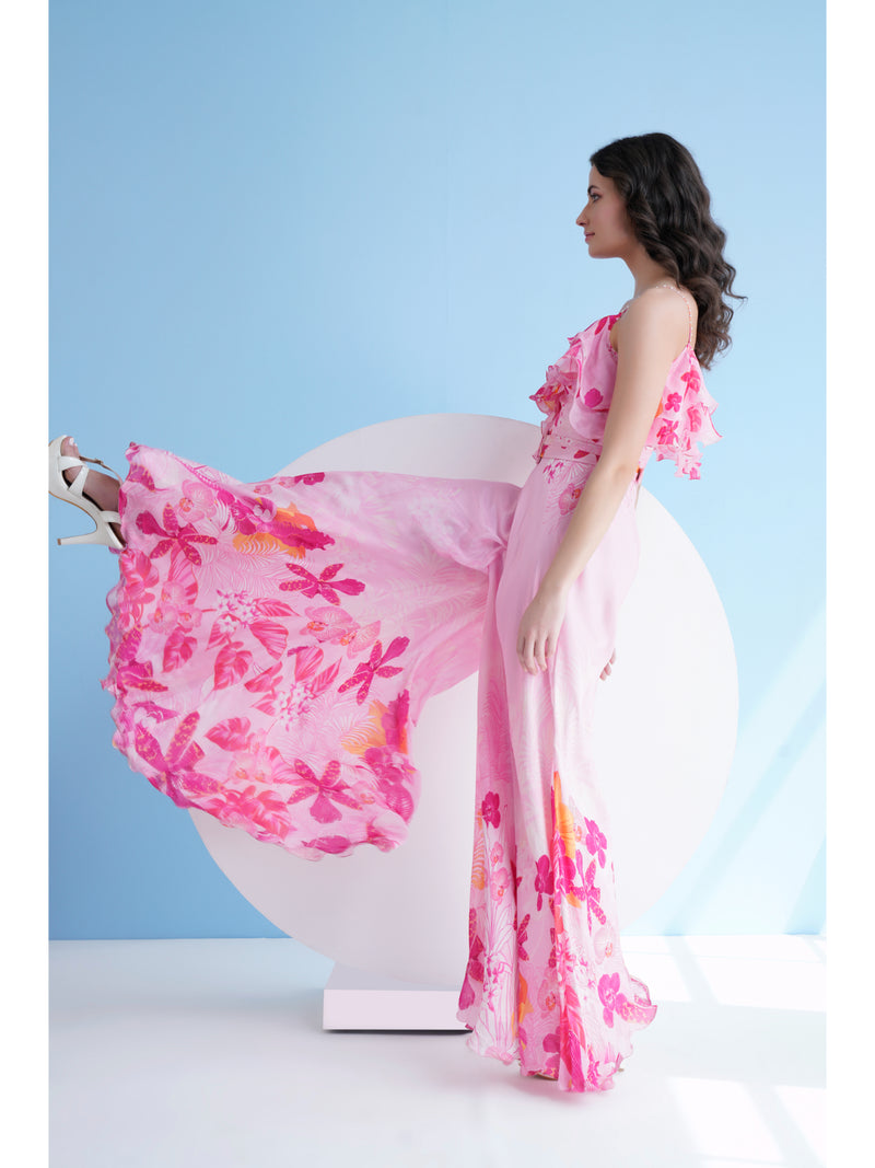 Fuchsia orchid one shoulder jumpsuit