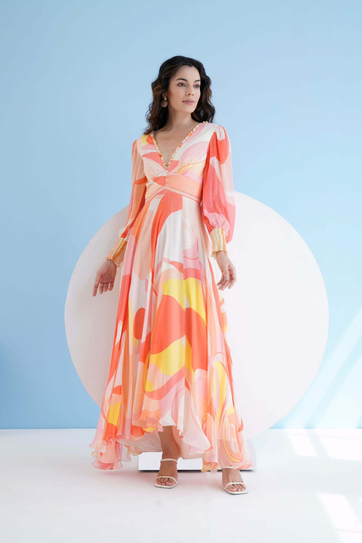 Peach Golden Ratio Printed Long Dress In Chiffon With Plunging
Neckline And Puff Sleeves