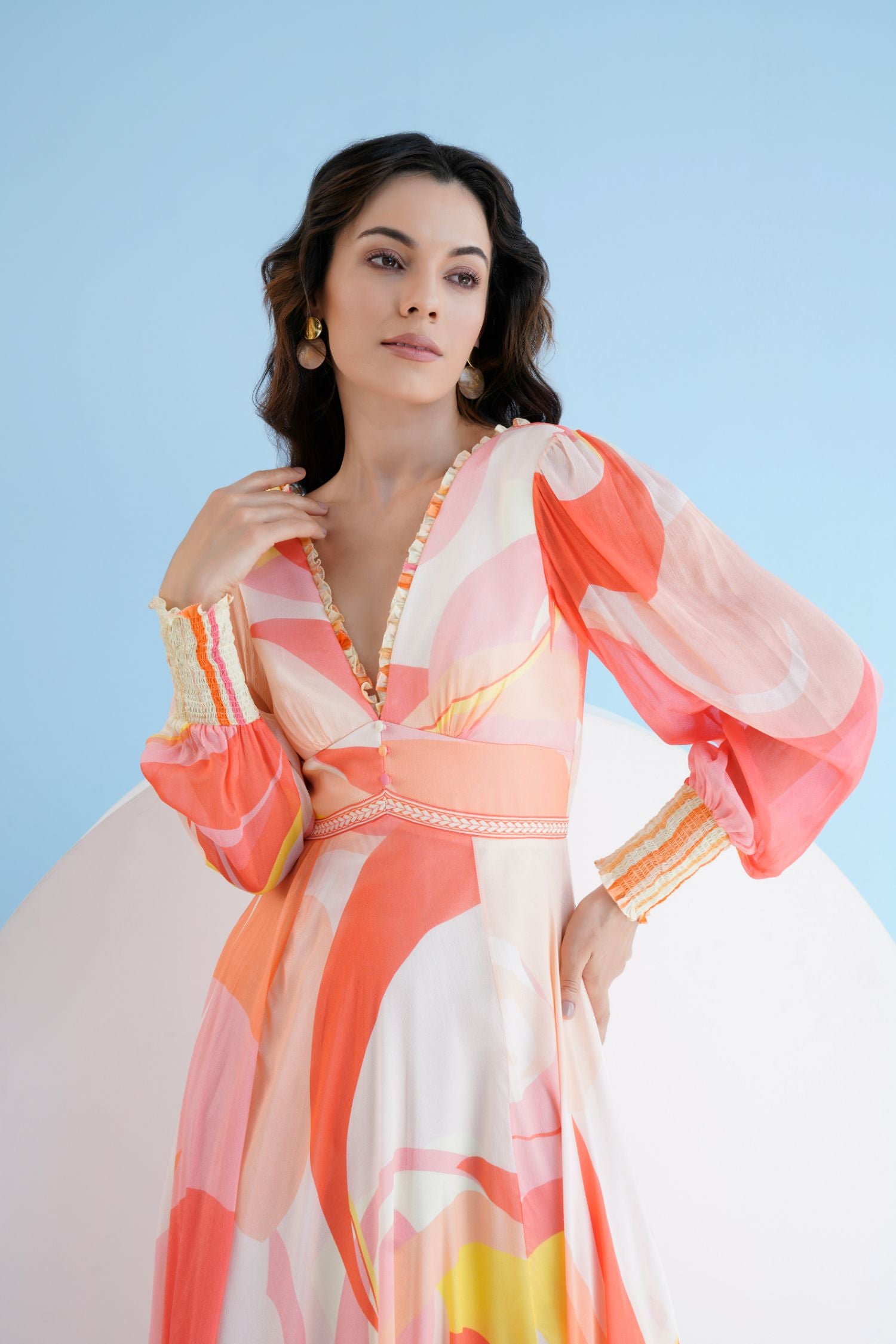 Peach Golden Ratio Printed Long Dress In Chiffon With Plunging
Neckline And Puff Sleeves
