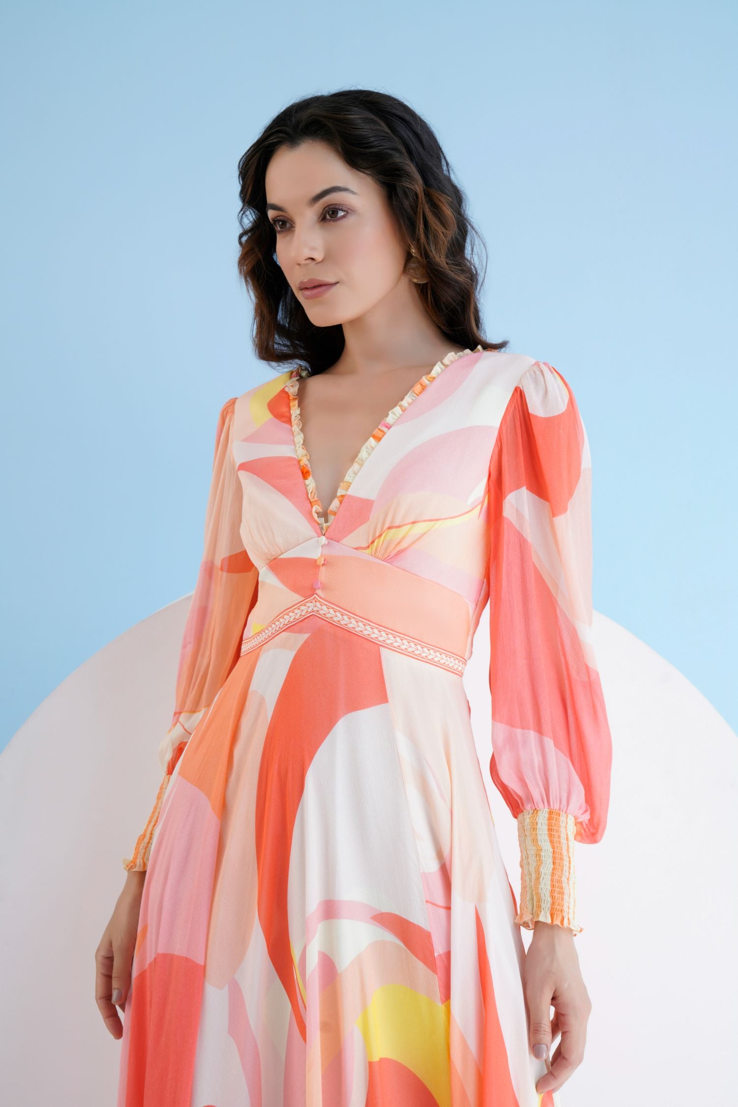 Peach Golden Ratio Printed Long Dress In Chiffon With Plunging
Neckline And Puff Sleeves