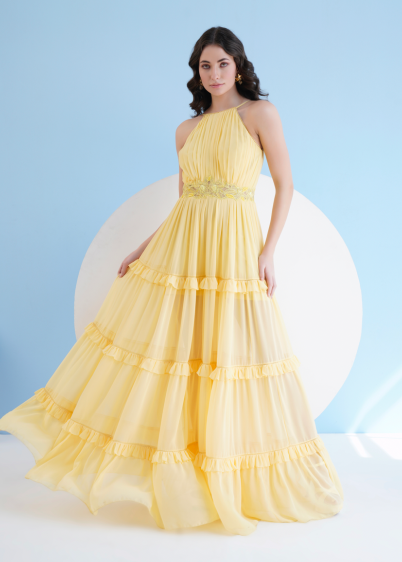 Yellow Halter Neck Long Dress In Georgette With Embroidery And Frill D