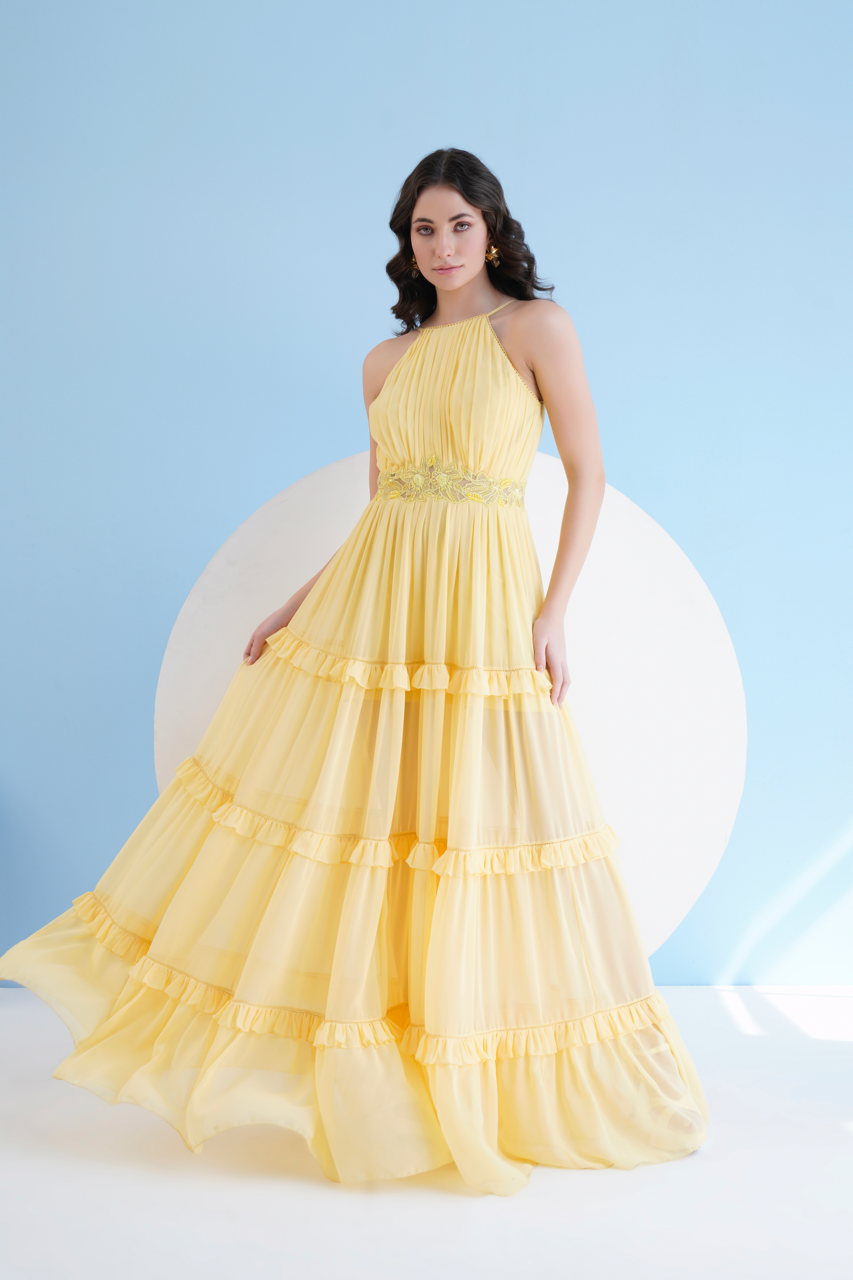 Yellow Halter Neck Long Dress In Georgette With Embroidery And
Frill Detail